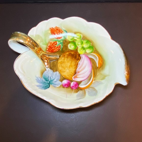 Vintage Porcelain Dish Fruit Transfer Gold Tone Handle - Picture 2 of 6